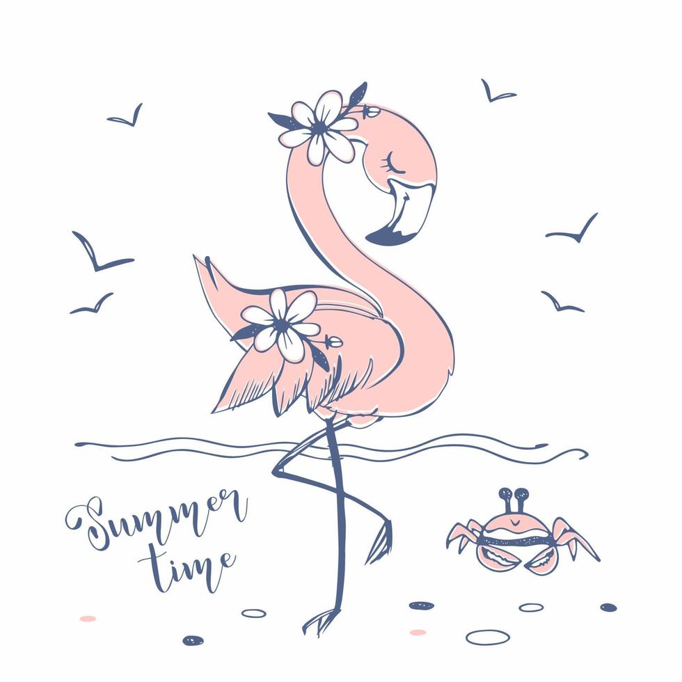 Cute pink flamingo on the sea beach. Vector. vector