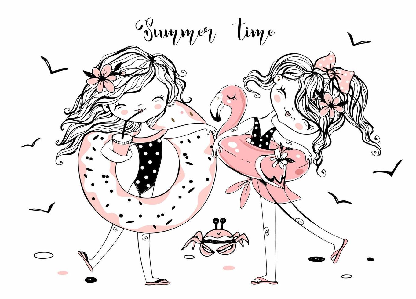 Cute girlfriends in swimsuits on the beach. Summer time. Vector. vector