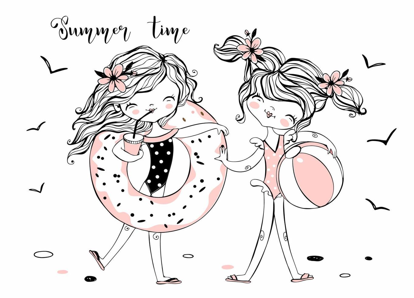 Cute girlfriends in swimsuits on the beach. Summer time. Vector. vector