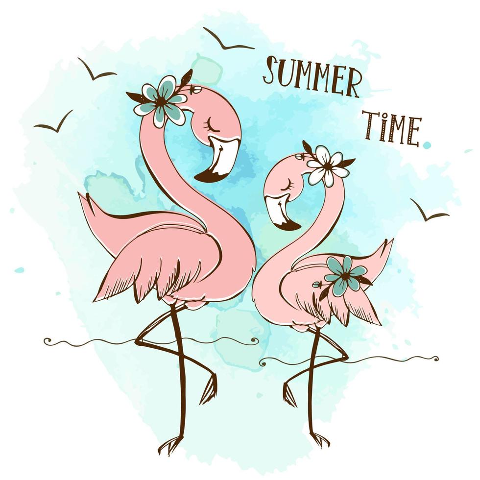 Cute pink flamingos on the sea beach. Summer time. Vector. vector