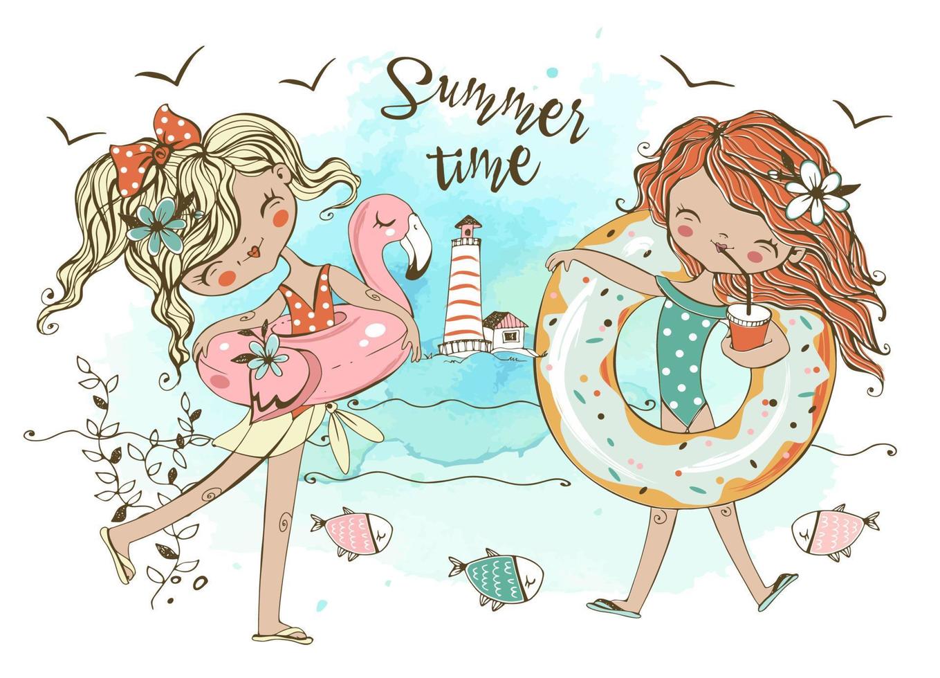 Cute teenage girls relax on the beach, swim and sunbathe. Summer time. Vector. vector