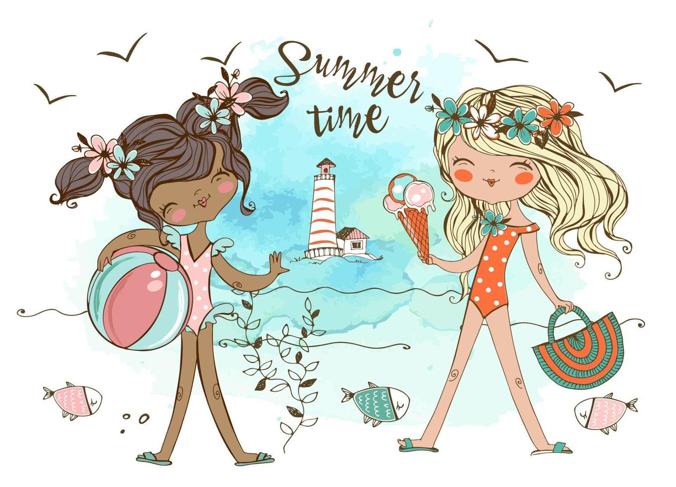 Cute teenage girls relax on the beach, swim and sunbathe. Summer time. Vector. vector