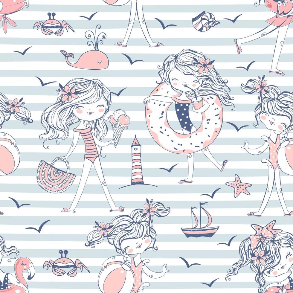 Seamless pattern with cute girls in swimsuits on the sea beach. Striped background. Vector. vector