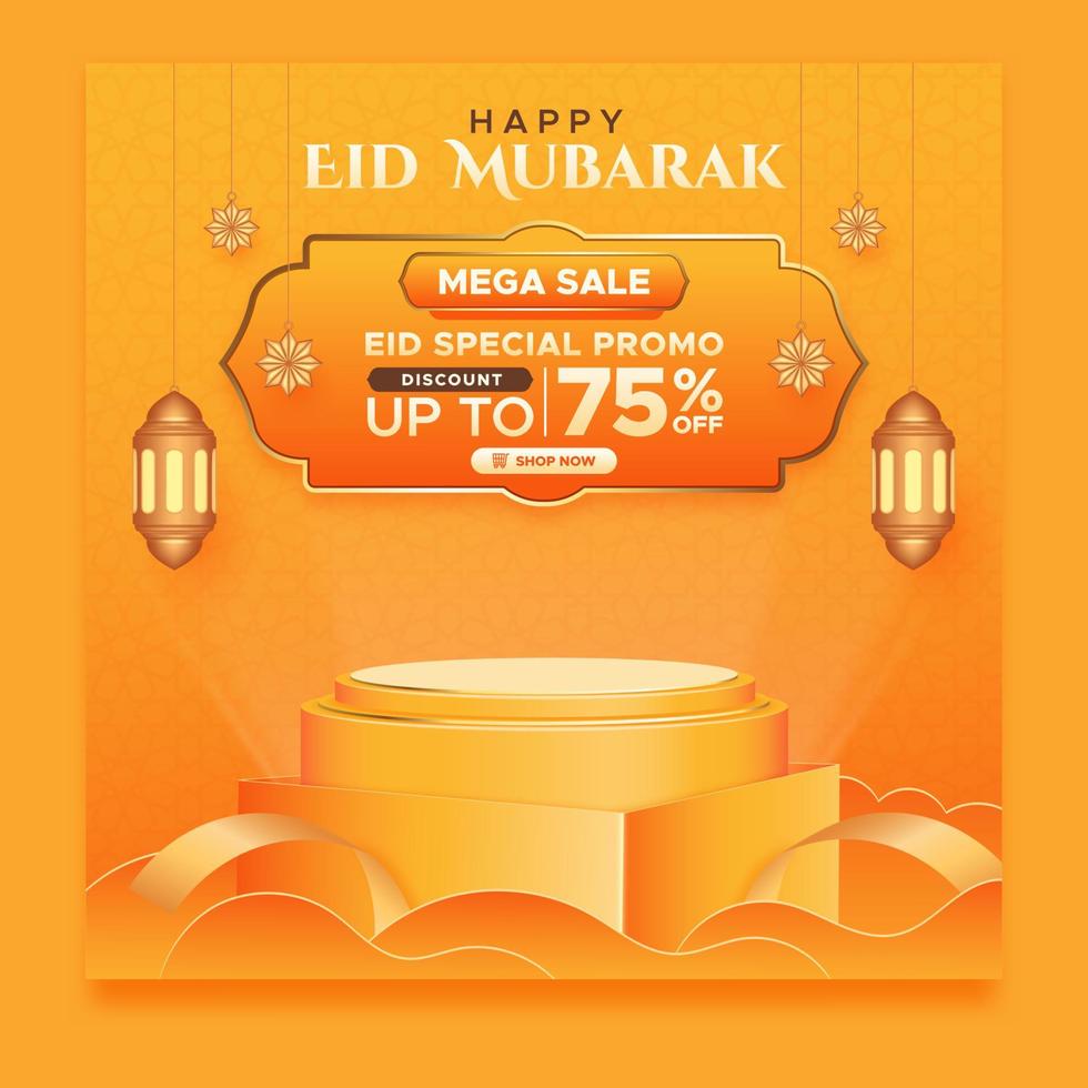 Eid Mubarak sale promo with product display and Arabic ornamentals square banner template vector