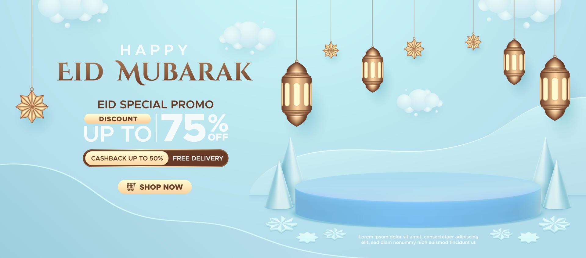 promoción de venta de eid mubarak con exhibición de productos y plantilla de banner de decoración de temporada vector