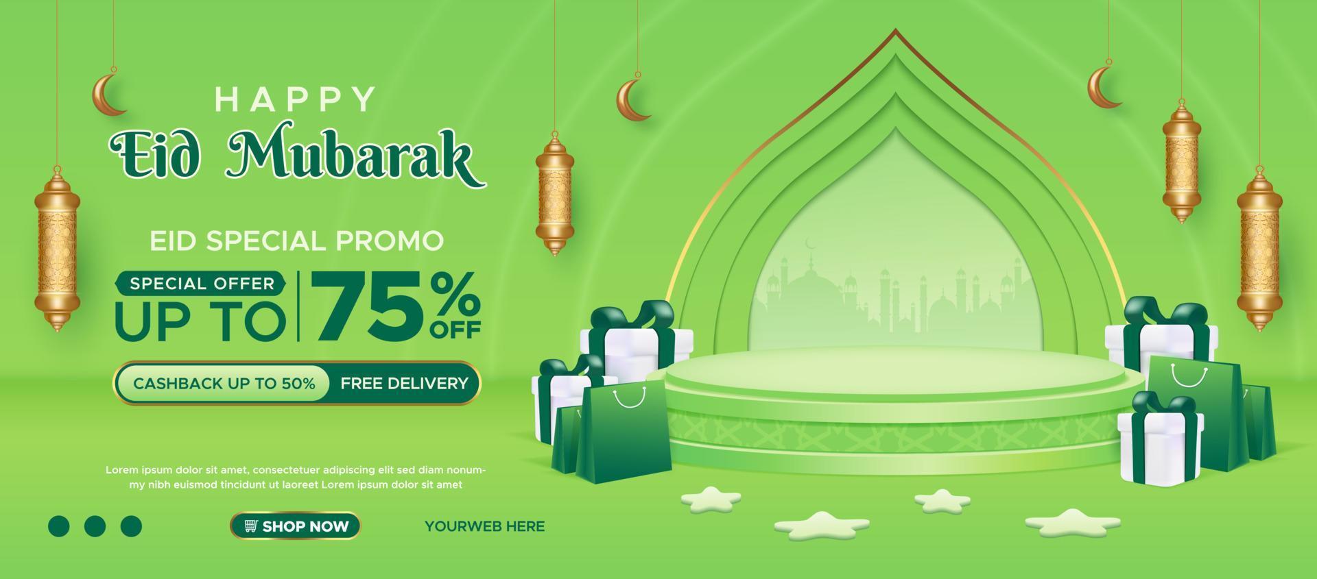 plantilla de banner horizontal de promoción de venta de eid mubarak realista con exhibición de productos de podio y adornos de compras vector