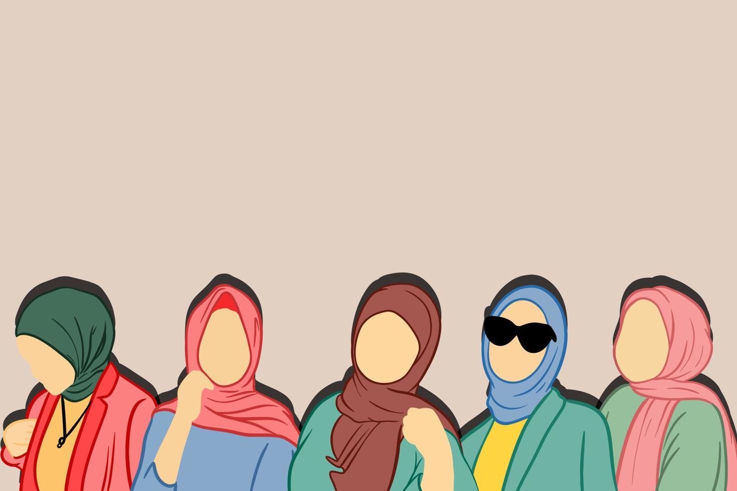 A set of abstract portraits of international women in hijab. Muslim faceless female. Minimalist vector illustration, isolated on a white background.