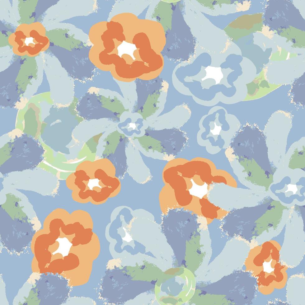 seamless hand drawn mixed flowers pattern on blue background , greeting card or fabric vector