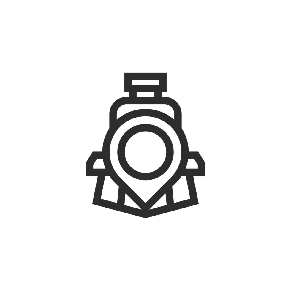 Journey on train line icon. Railway station location pin linear style sign for mobile concept and web design. Map marker with train outline vector icon. Symbol, logo illustration. Vector graphics