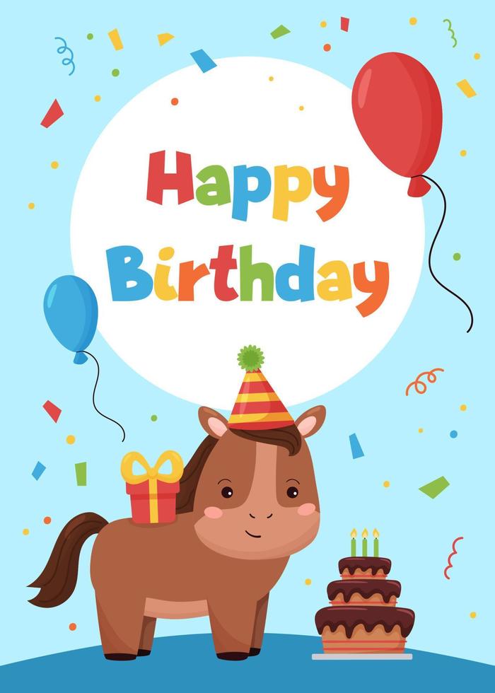 tarjeta de felicitación de feliz cumpleaños con lindo caballo, globos, regalo y pastel. ideal para fiesta infantil. animales de granja. vector