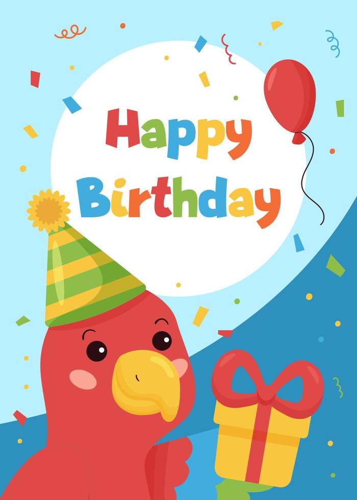 Happy Birthday greeting card with cute parrot and gift on blue background. Cartoon vector character. Zoo animals. Ideal for cards, invitations, nursery decoration and banners.