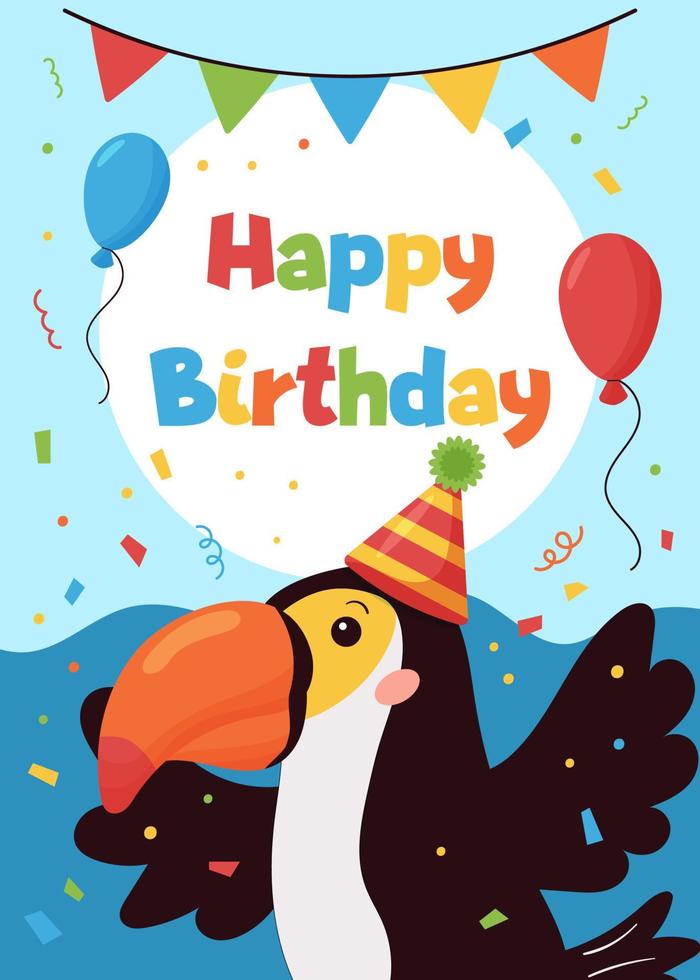 Vector Happy Birthday greeting card for children. Cute cartoon toucan bird with balloons. Jungle animals. Ideal for cards, invitations, nursery decoration and banners.