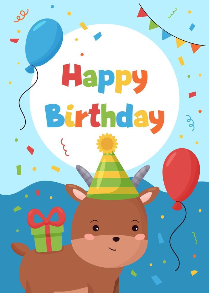 Greeting card with funny goat, gift and balloons. Happy Birthday. Farm animals. Cute cartoon vector character.