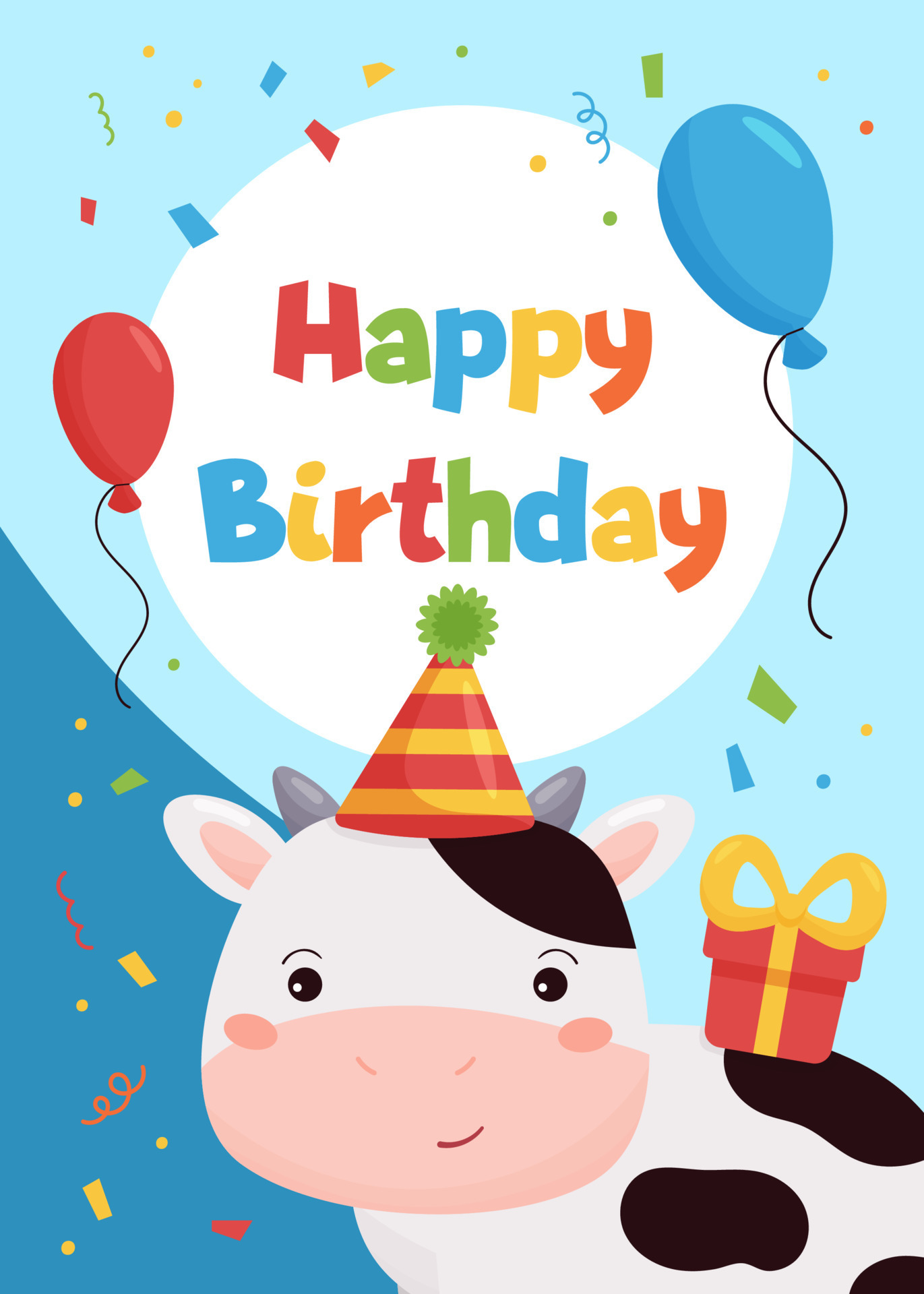 Childish Happy Birthday greeting card with cute cow, gift and balloons. Farm animals. Vector cartoon character. 7619698 Vector Art at Vecteezy