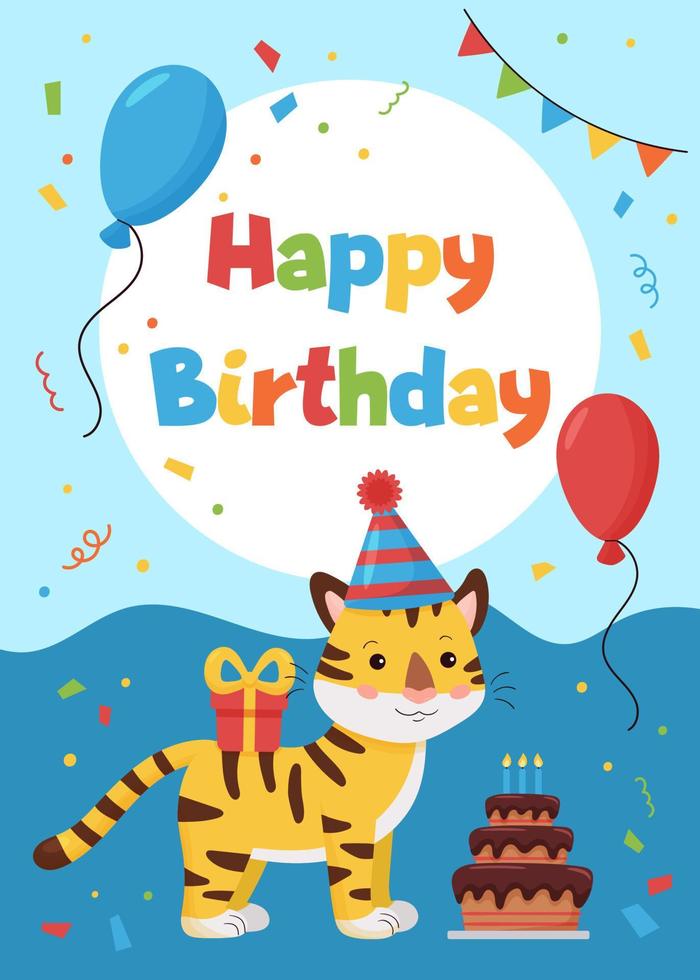 tarjeta de felicitación con tigre, regalo y globo. ideal para imprimir postales, afiches, tarjetas e invitaciones. Animales de la selva. vector