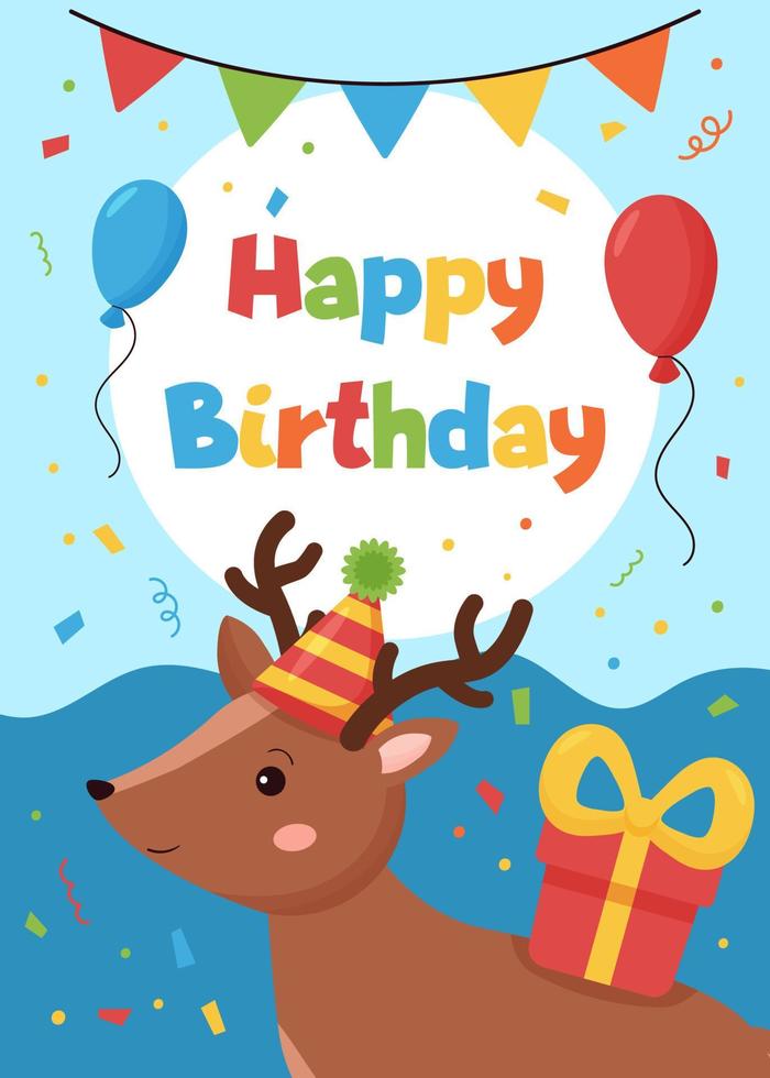 Happy Birthday greeting card with cute cartoon deer. Forest animals. Vector illustration.