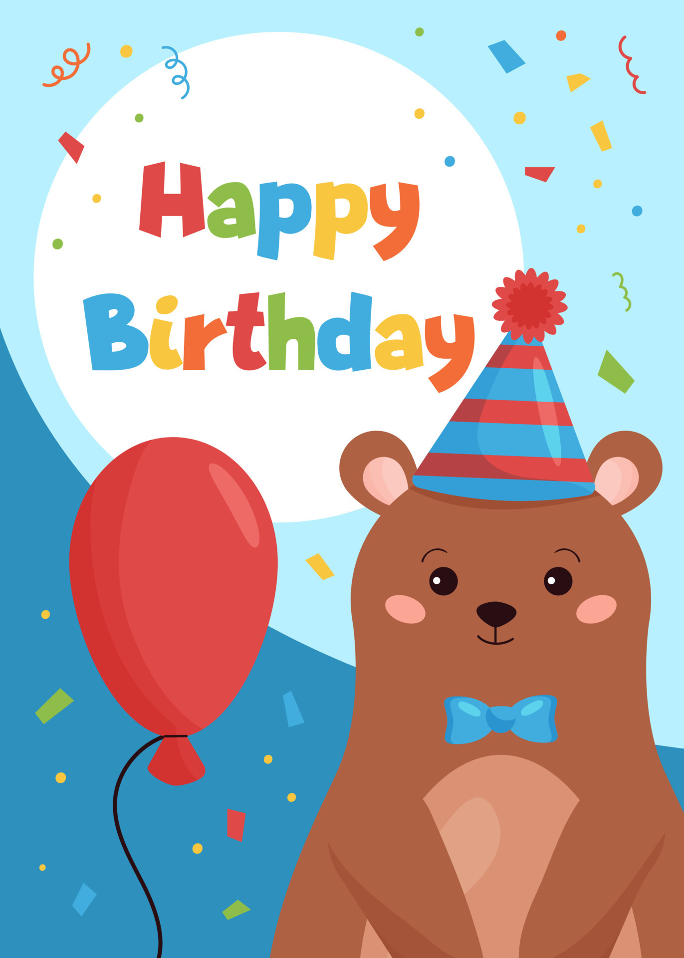 Happy Birthday greeting card template with funny bear and balloon