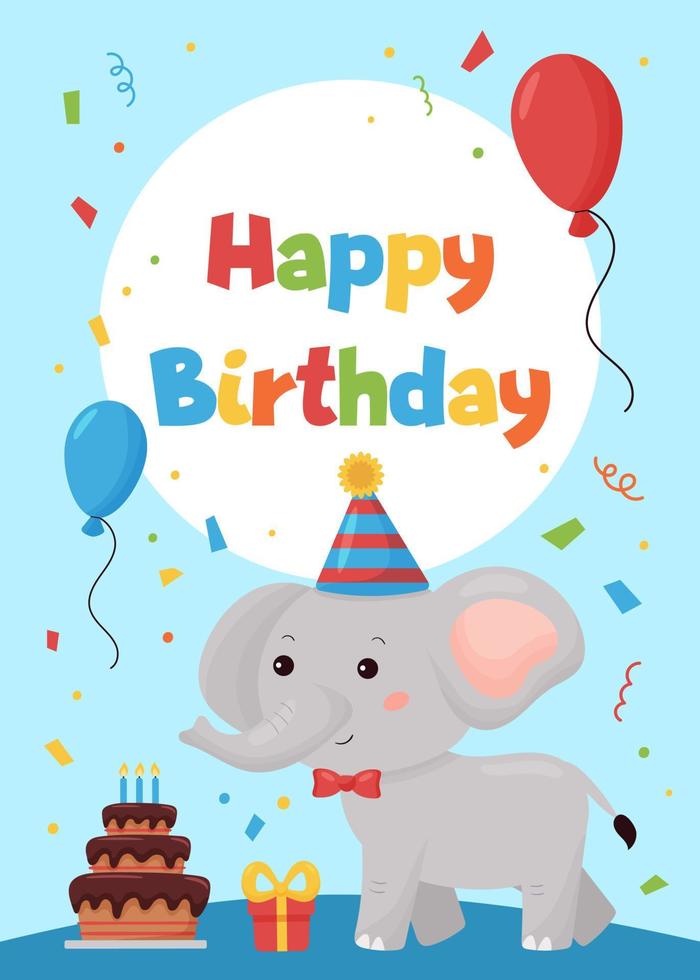 tarjeta de felicitación para niños. feliz fiesta de cumpleaños lindo elefante kawaii de dibujos animados con globo y regalo. Animales de la selva. vector