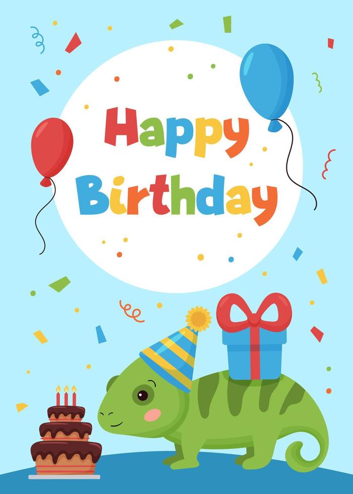 Greeting card with cute cartoon chameleon. Happy Birthday. Jungle animals. Vector illustration.