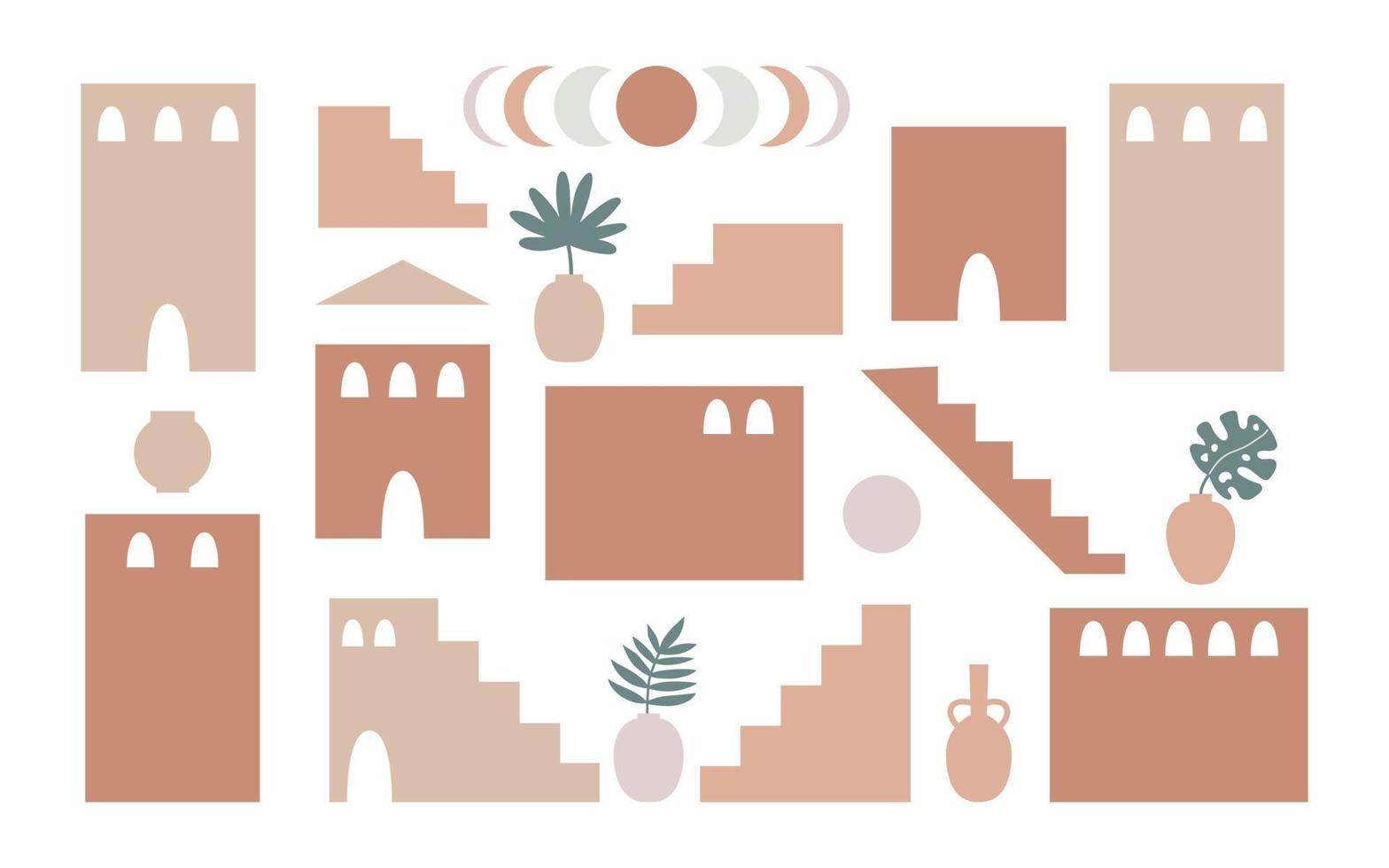 Boho style set of geometry architecture elements. Abstract buildings with Moroccan stairs, walls, arcs, plants in pots, sun and moons.  Contemporary aesthetic vector illustration.