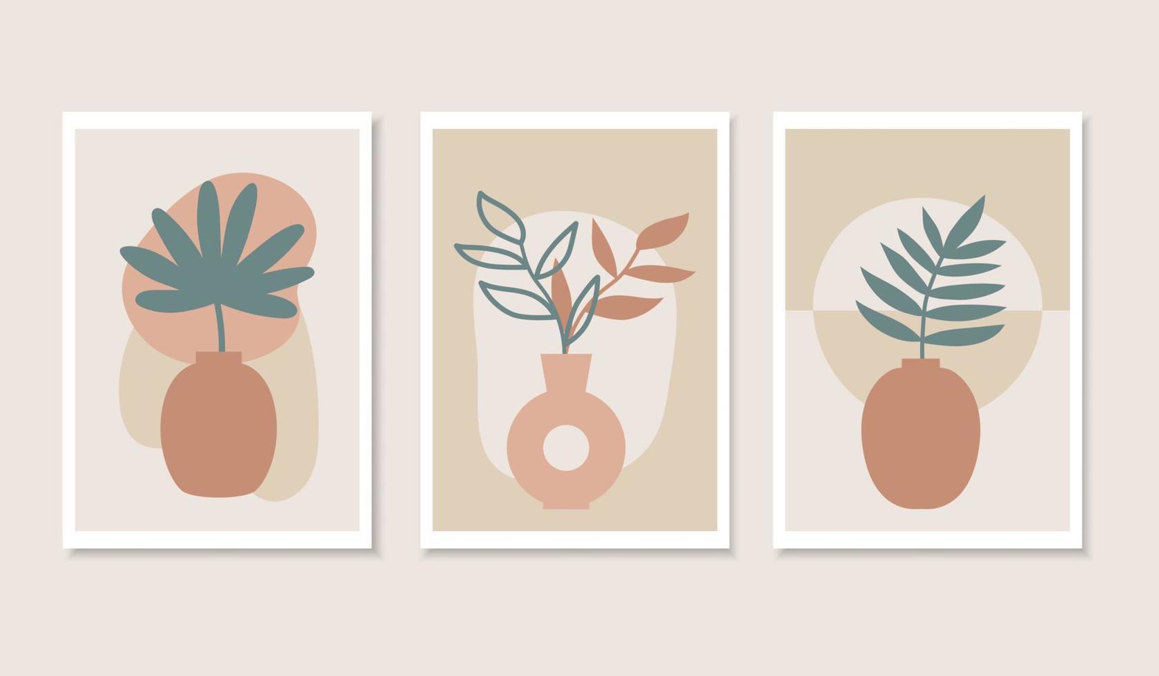 Wall art set with abstract leaves in clay vases and shapes. Contemporary poster collection. Boho style flowers.  Modern floral vector illustration.