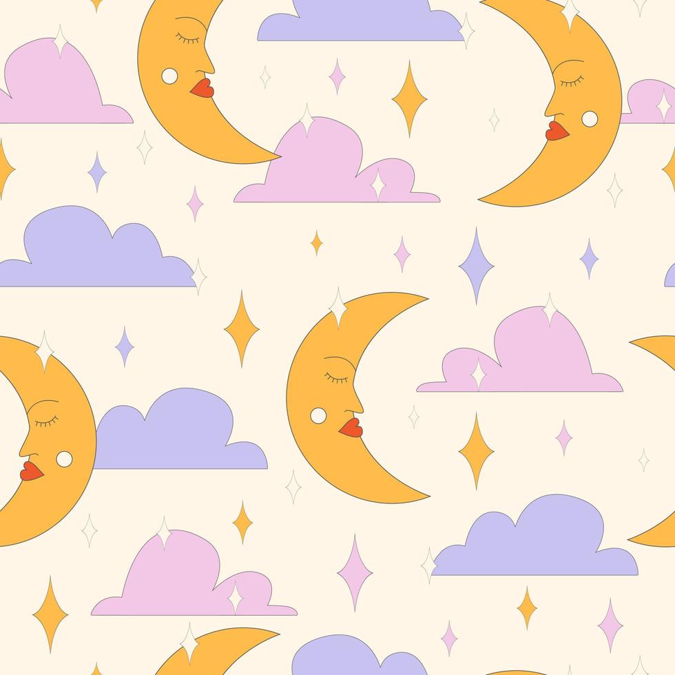 Seamless pattern with moon and clouds, Pop Color Style Flat Design 70s. Cool trendy retro of hipster retro cool psychedelic elements. Trend vector illustration