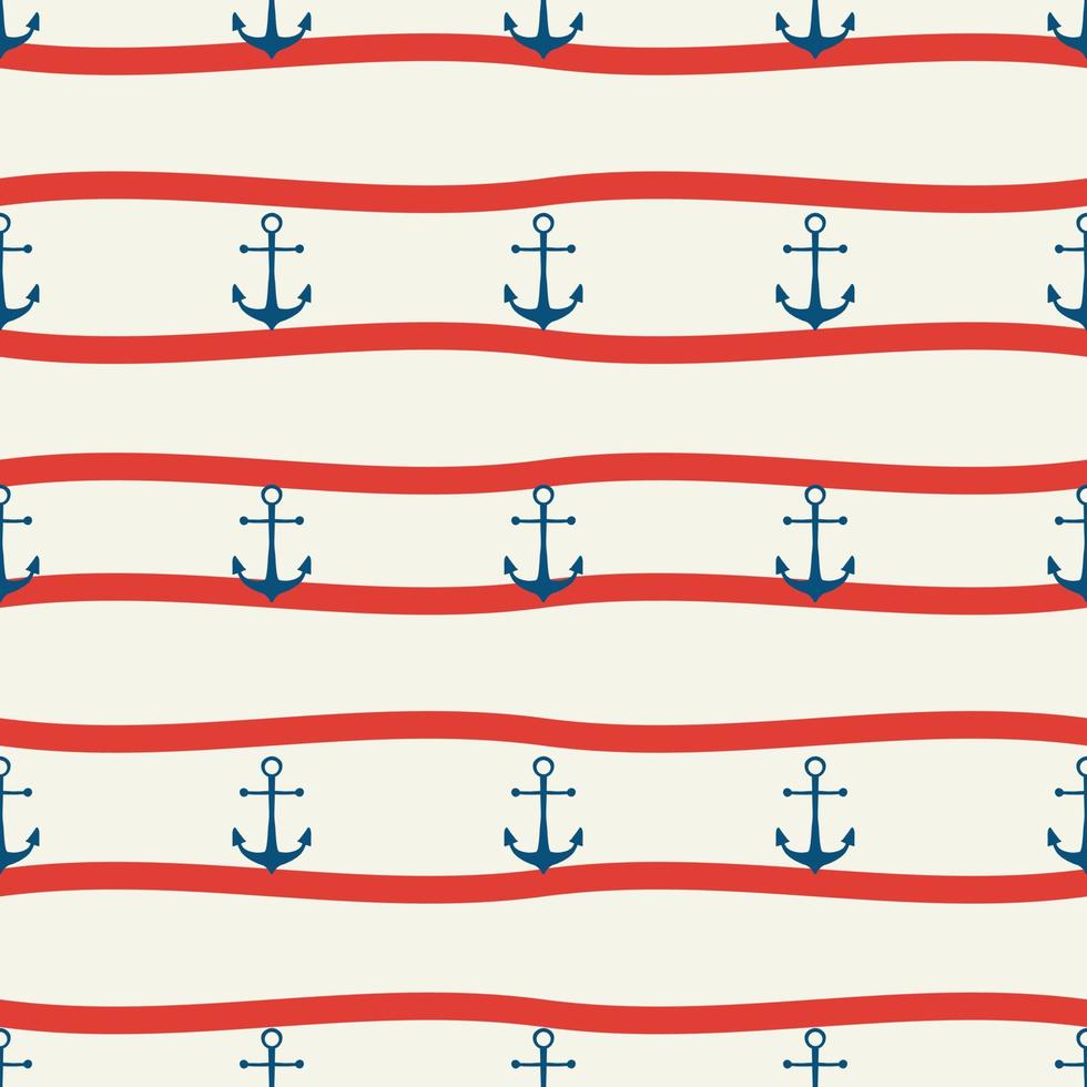 Vector hand drawn colored childish seamless repeat simple flat pattern with anchor and wawe . Pattern for children. Sea ocean.