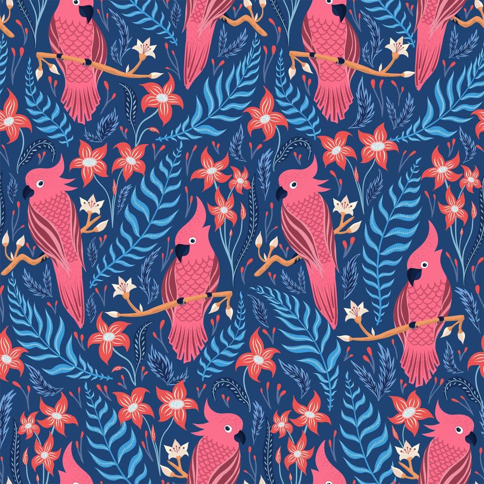Seamless tropical pattern with birds. Colorful parrots on the tropical branches with leaves and flowers on dark. Hand drawn vector illustration.