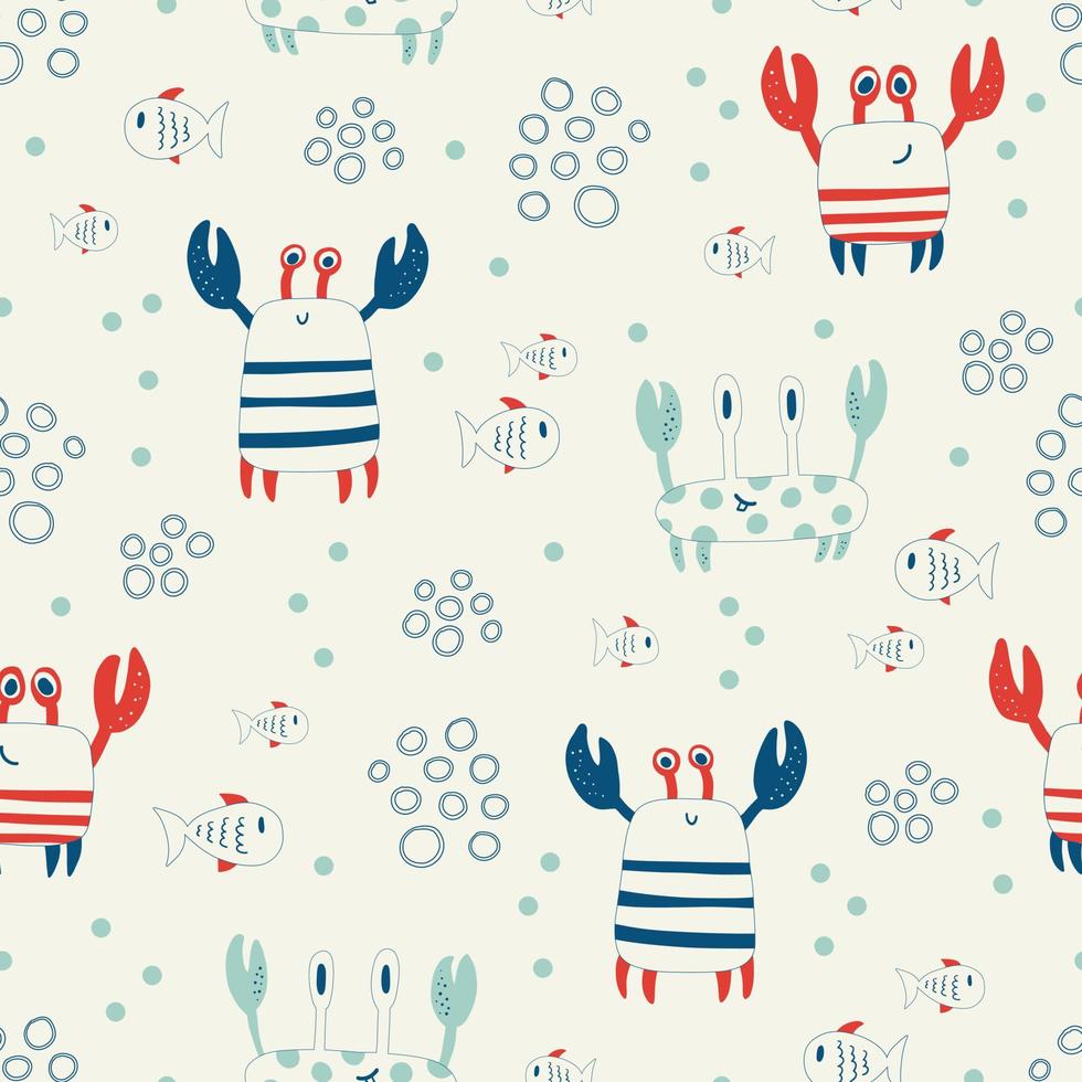 Vector hand drawn colored childish seamless repeat simple flat pattern with crabs and fishes in scandinavian style. Pattern for children with crabs. Sea ocean. Undersea world.