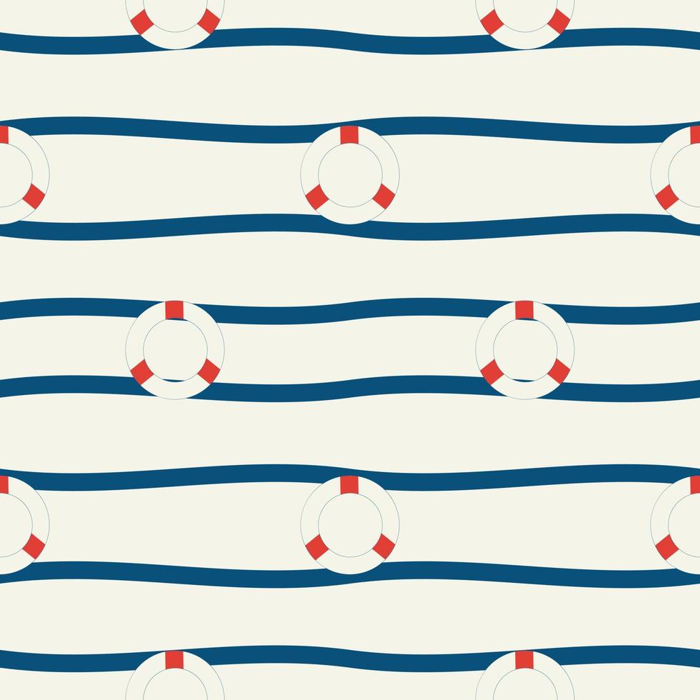 Vector hand drawn colored childish seamless repeat simple flat pattern with lifebuoy and waves . Pattern for children. Sea ocean.