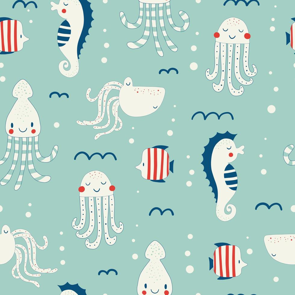 Vector hand drawn colored childish seamless repeating simple flat pattern with seahorses, fishes and octopuses in scandinavian style. Cute baby animals. Pattern for children with sea animals.