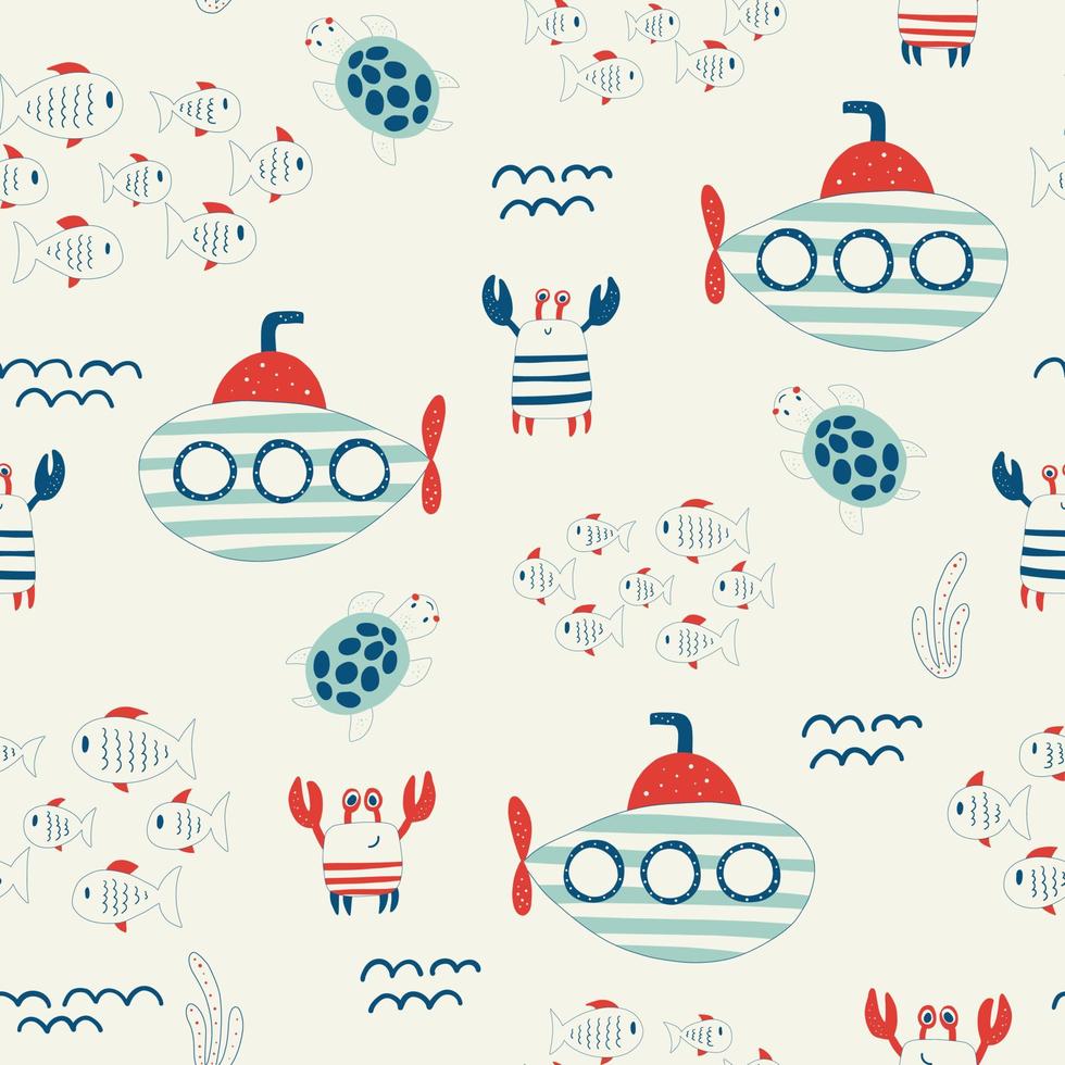 Vector hand drawn colored childish seamless repeat simple flat pattern with crabs and submarines in scandinavian style. Cute baby animals. Pattern for children with crabs.