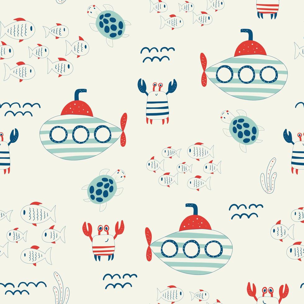 Vector hand drawn colored childish seamless repeat simple flat pattern with crabs and submarines in scandinavian style. Cute baby animals. Pattern for children with crabs.