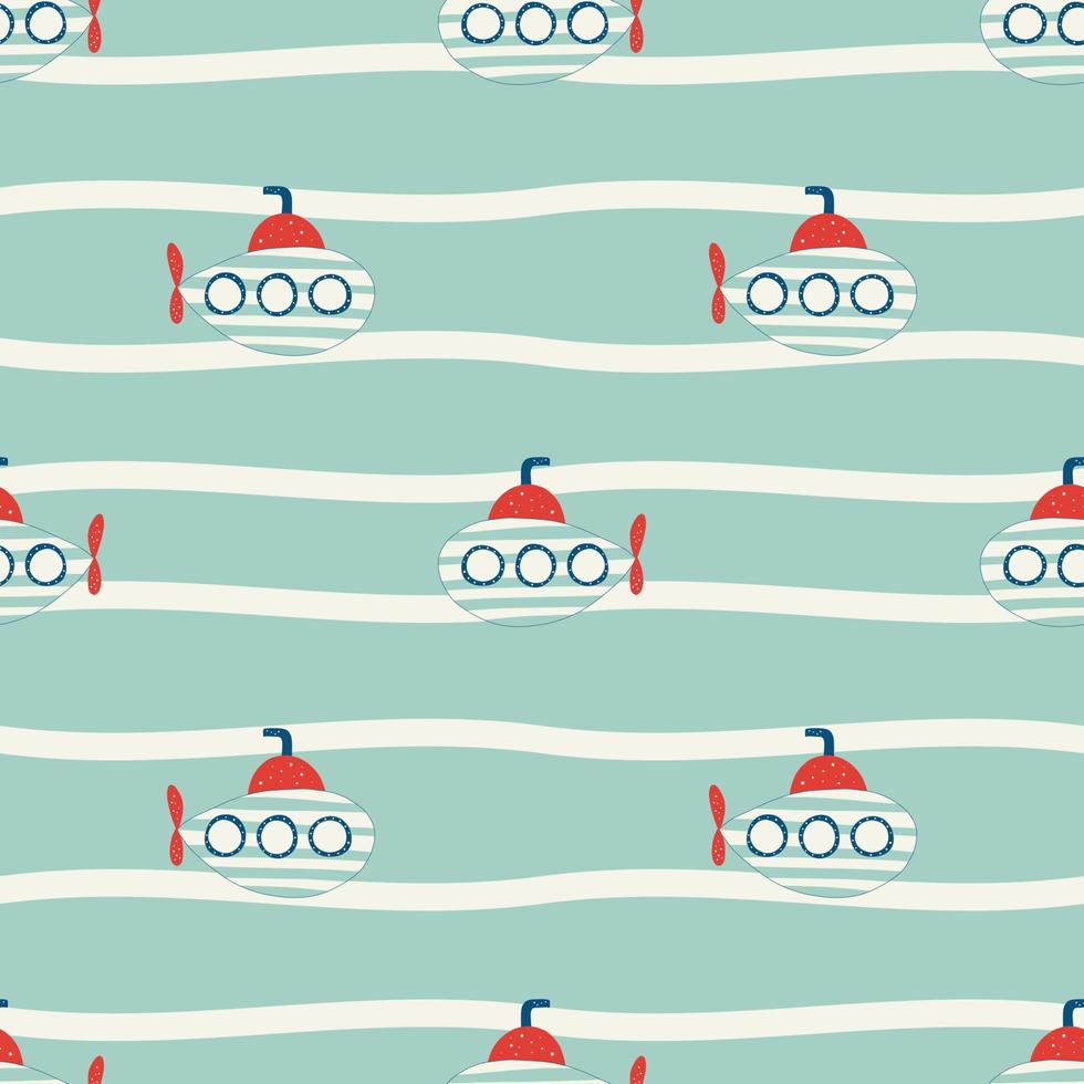 Vector hand drawn colored childish seamless repeat simple flat pattern with submarines in scandinavian style. Cute baby print. Pattern for children.