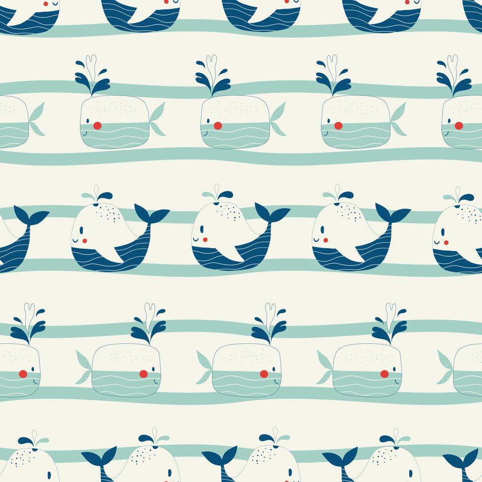 Vector hand drawn colored childish seamless repeating simple flat pattern with whales in scandinavian style. Cute baby animals. Pattern for children with whales.