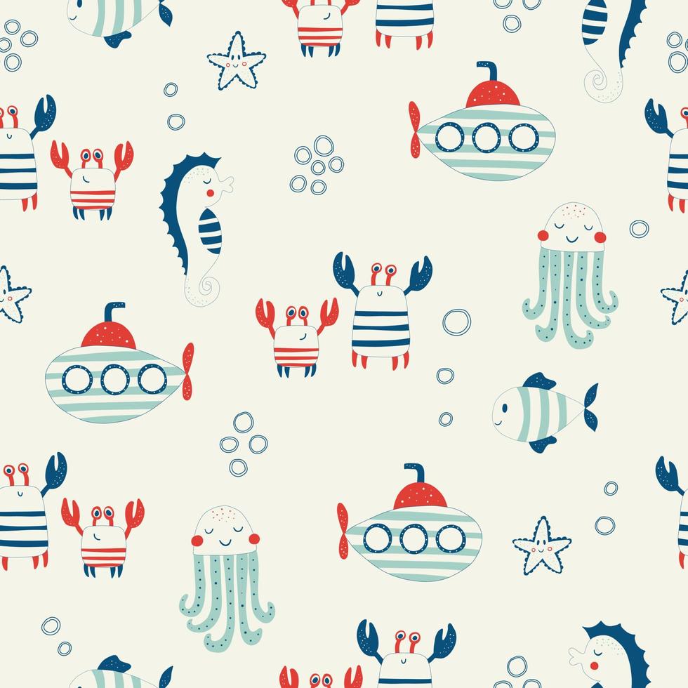 Vector hand drawn colored childish seamless repeat simple flat pattern with crabs and submarines in scandinavian style. Cute baby animals. Pattern for children with crabs.