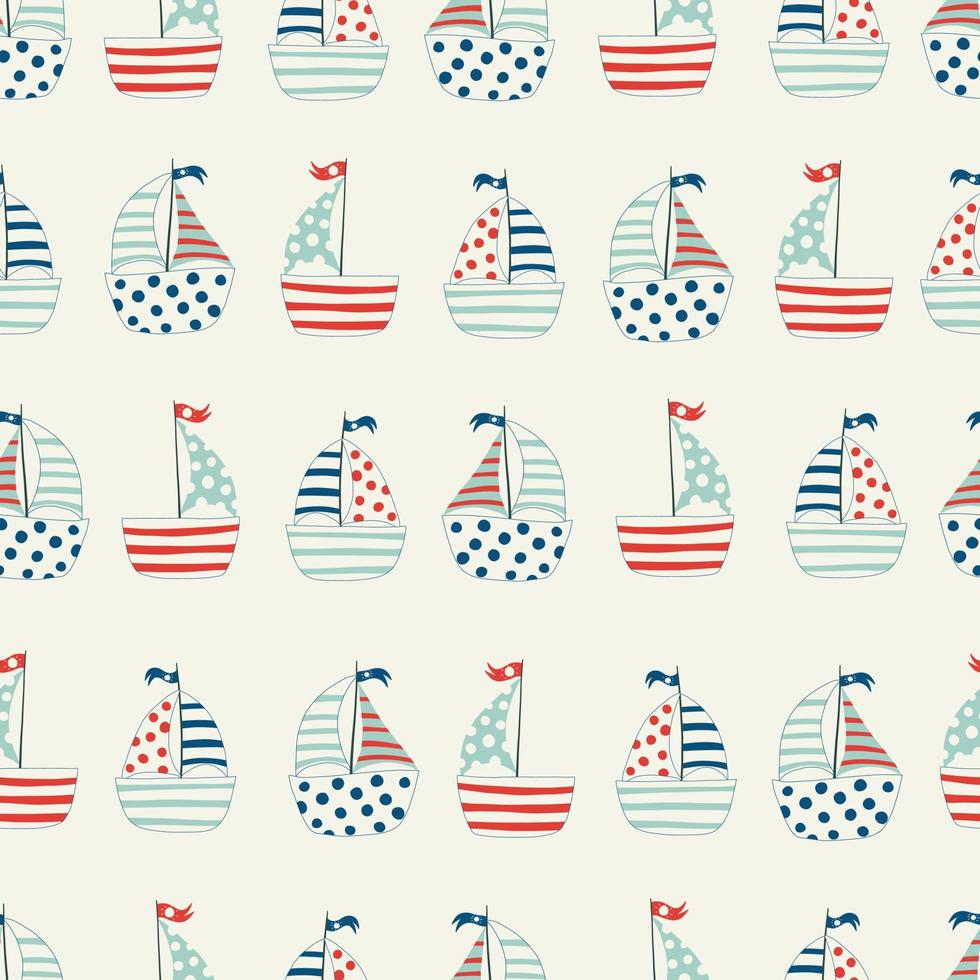 Vector color seamless repeating childish simple pattern with cute ships in Scandinavian style. Children's pattern with ships. Sea print.