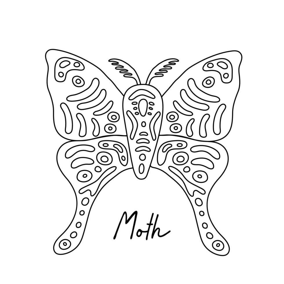 mariposa exótica, polilla. línea de insectos voladores tropicales arte vector dibujado a mano ilustración aislada. elemento de diseño místico estilizado para tatuaje, impresión, portada, libro, página de color