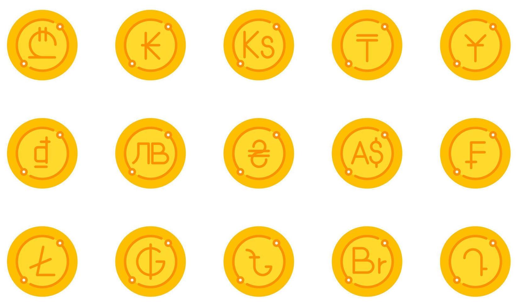 conjunto de iconos vectoriales relacionados con la moneda. contiene íconos como yuan, dong, ucrania, franco, litecoin, guaraní y más. vector