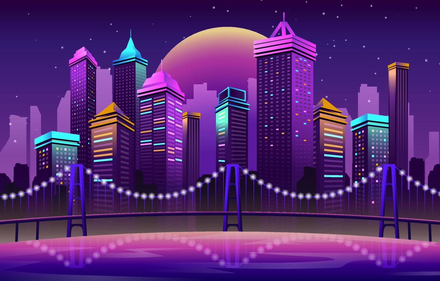 rascacielos futurista nocturno con edificio y puente vector