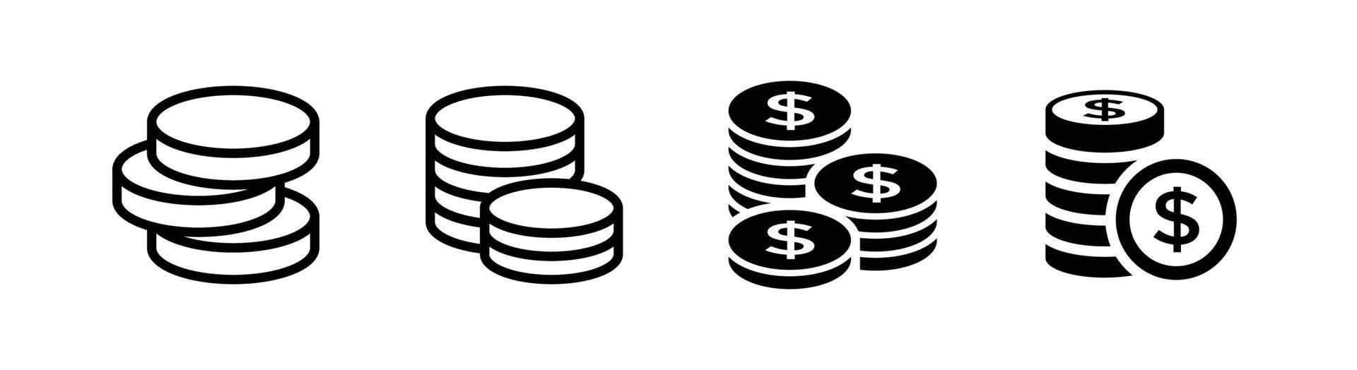 Coin icon set, outlined and flat style, pixel perfect vector