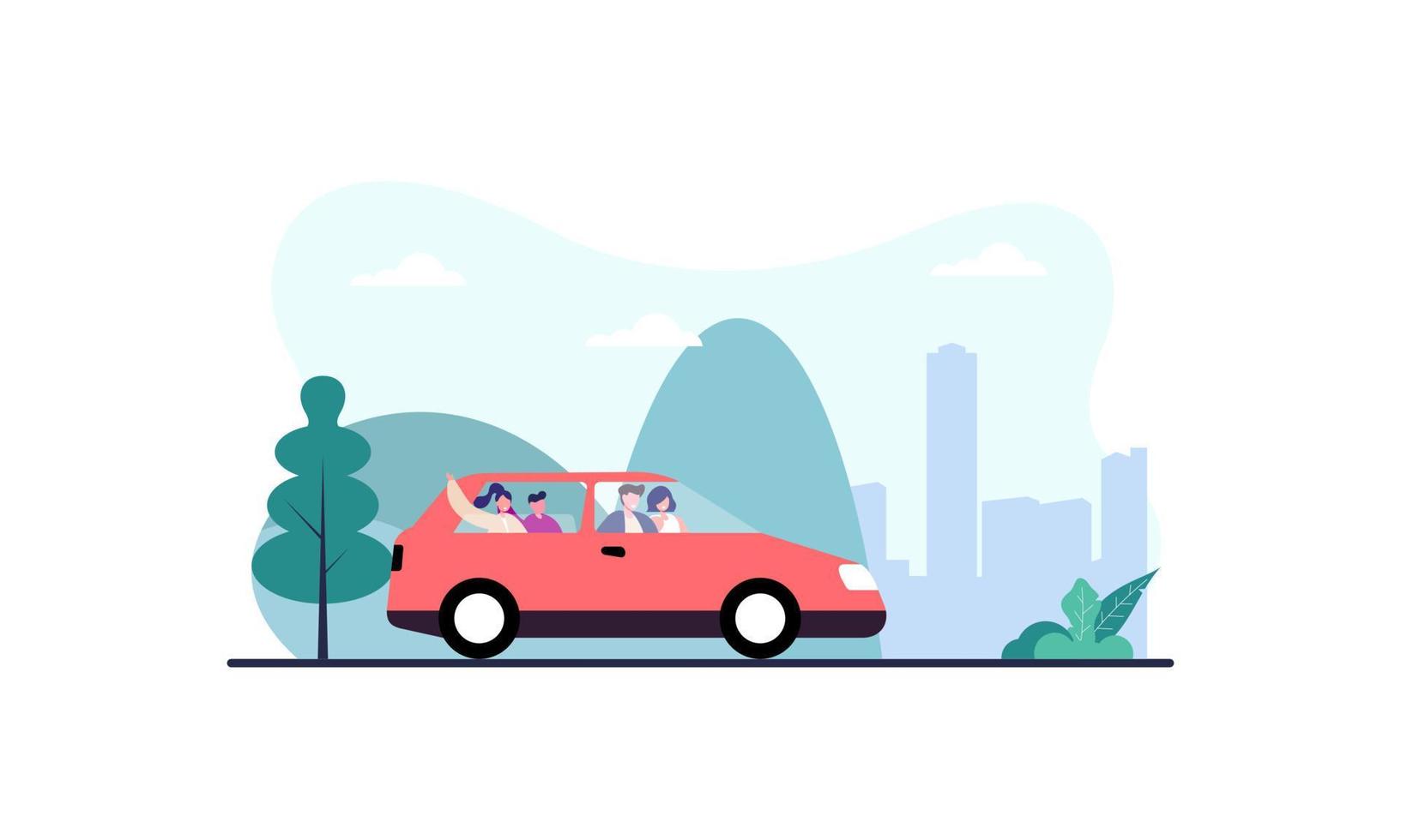 familia feliz viajando en coche ilustración. viaje, viaje por carretera, concepto de transporte vector
