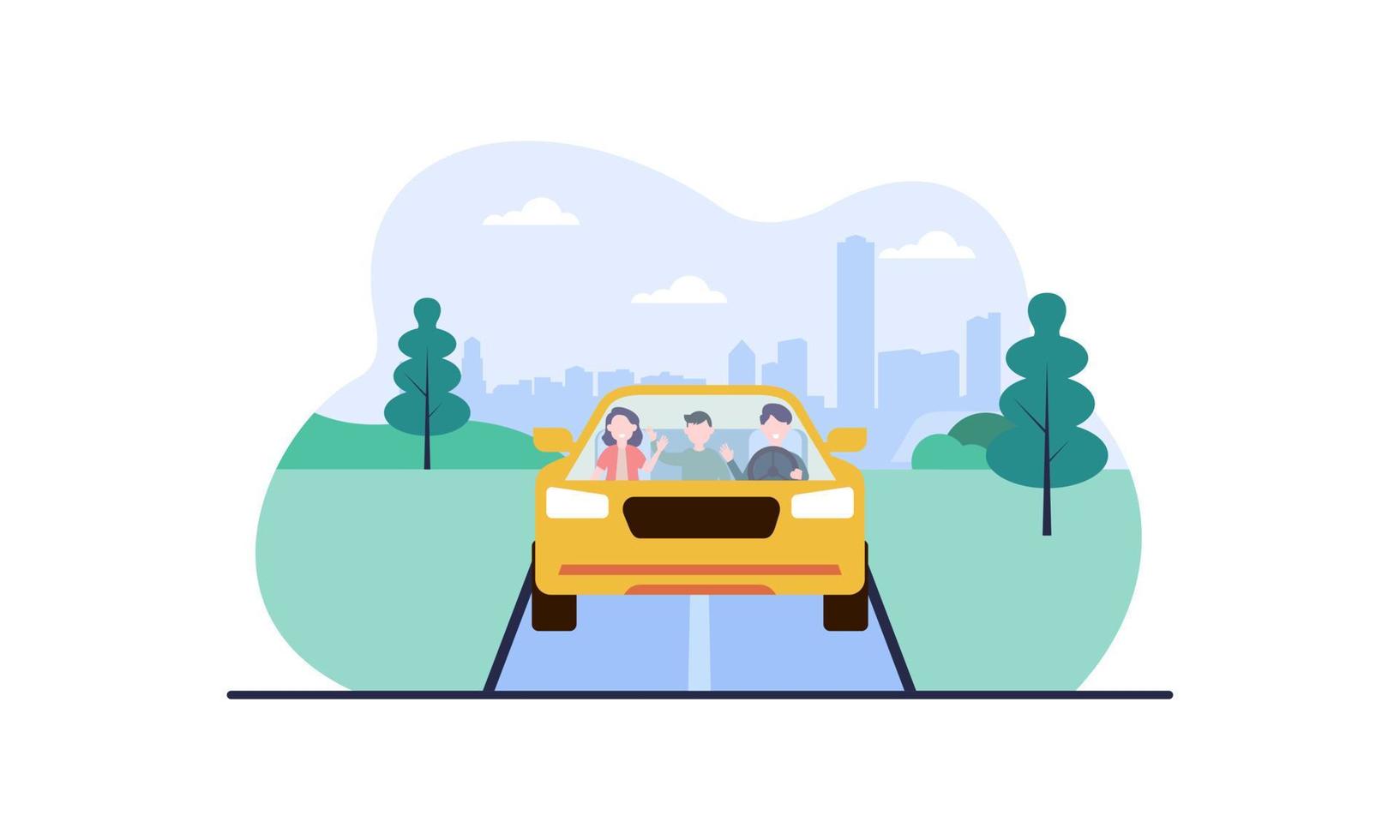 familia feliz viajando en coche ilustración. viaje, viaje por carretera, concepto de transporte vector