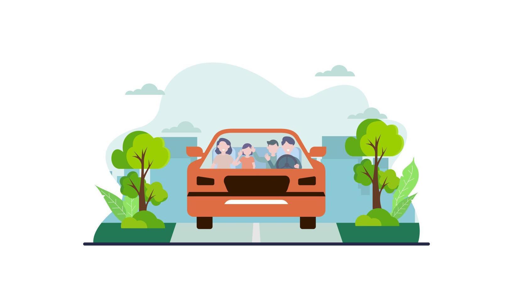 familia feliz viajando en coche ilustración. viaje, viaje por carretera, concepto de transporte vector