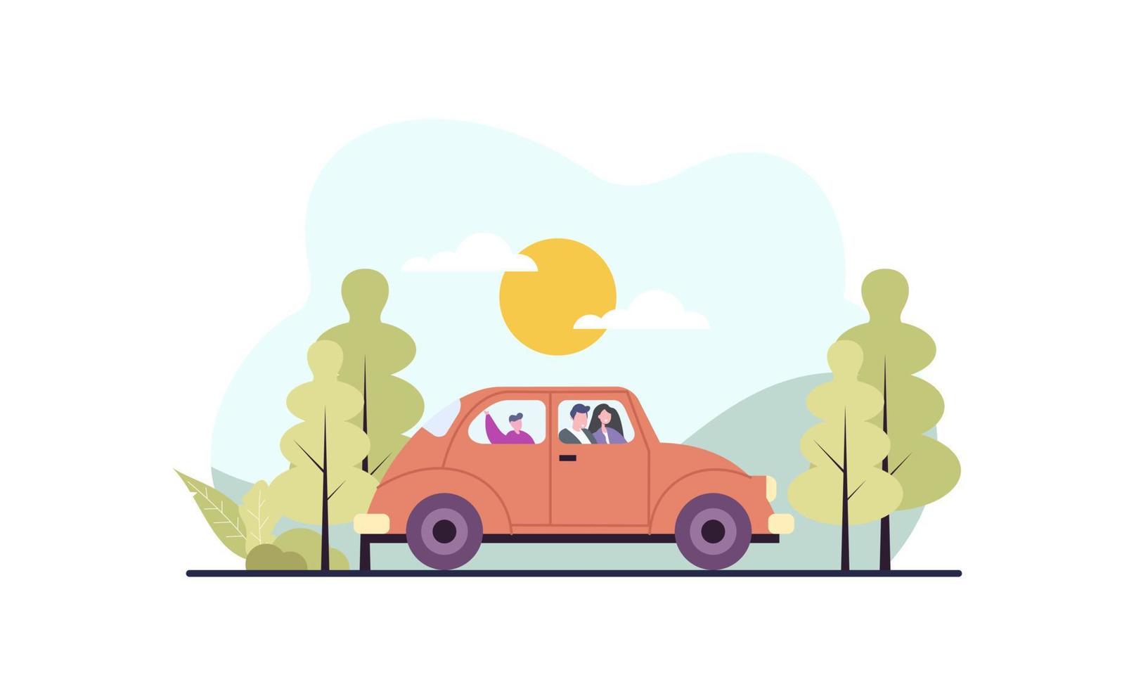 familia feliz viajando en coche ilustración. viaje, viaje por carretera, concepto de transporte vector