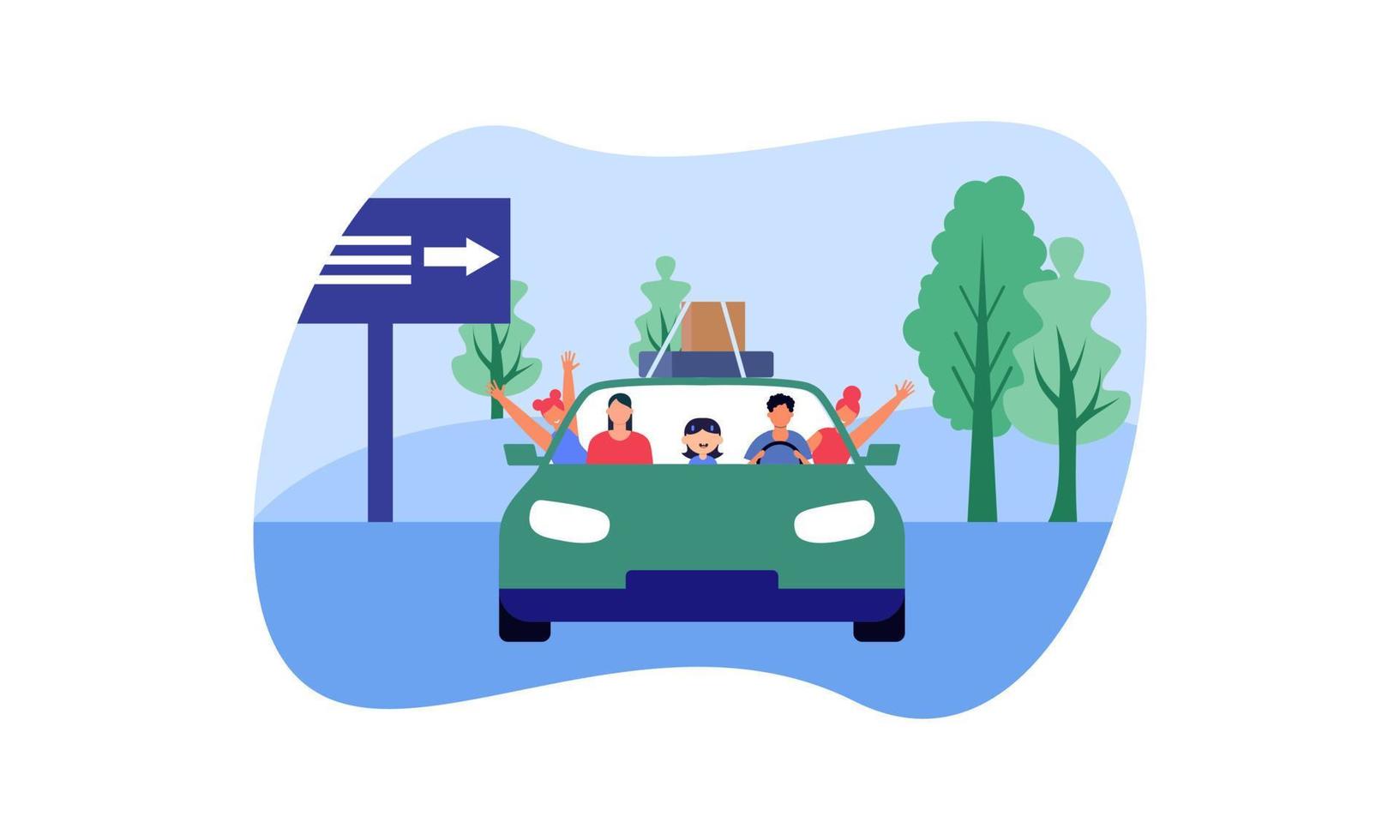 familia feliz viajando en coche ilustración. viaje, viaje por carretera, concepto de transporte vector