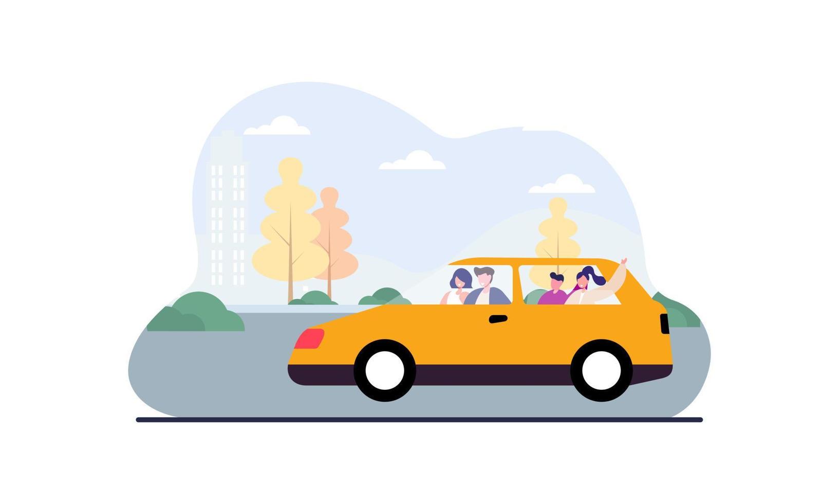 Happy family travelling by car illustration. Travel, road trip, transportation concept vector