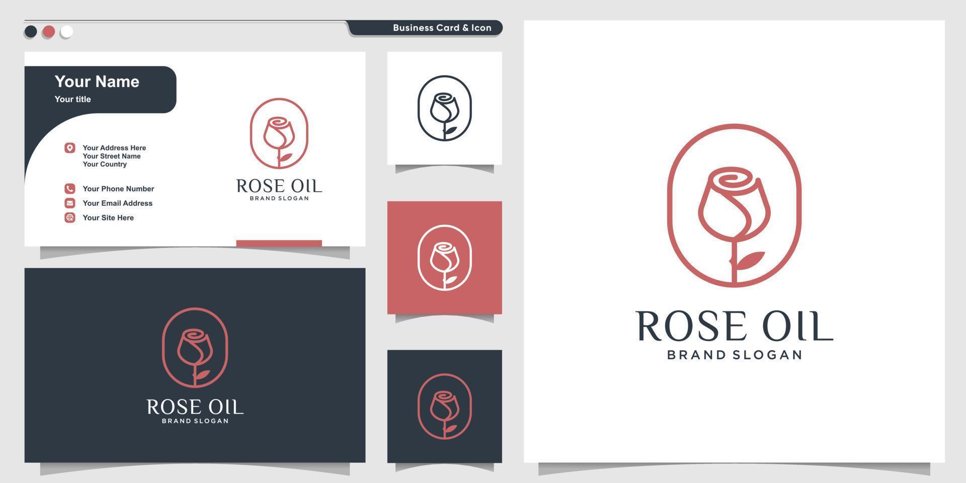 plantilla de logotipo de aceite de rosa con estilo de arte de línea creativa y vector premium de diseño de tarjeta de visita