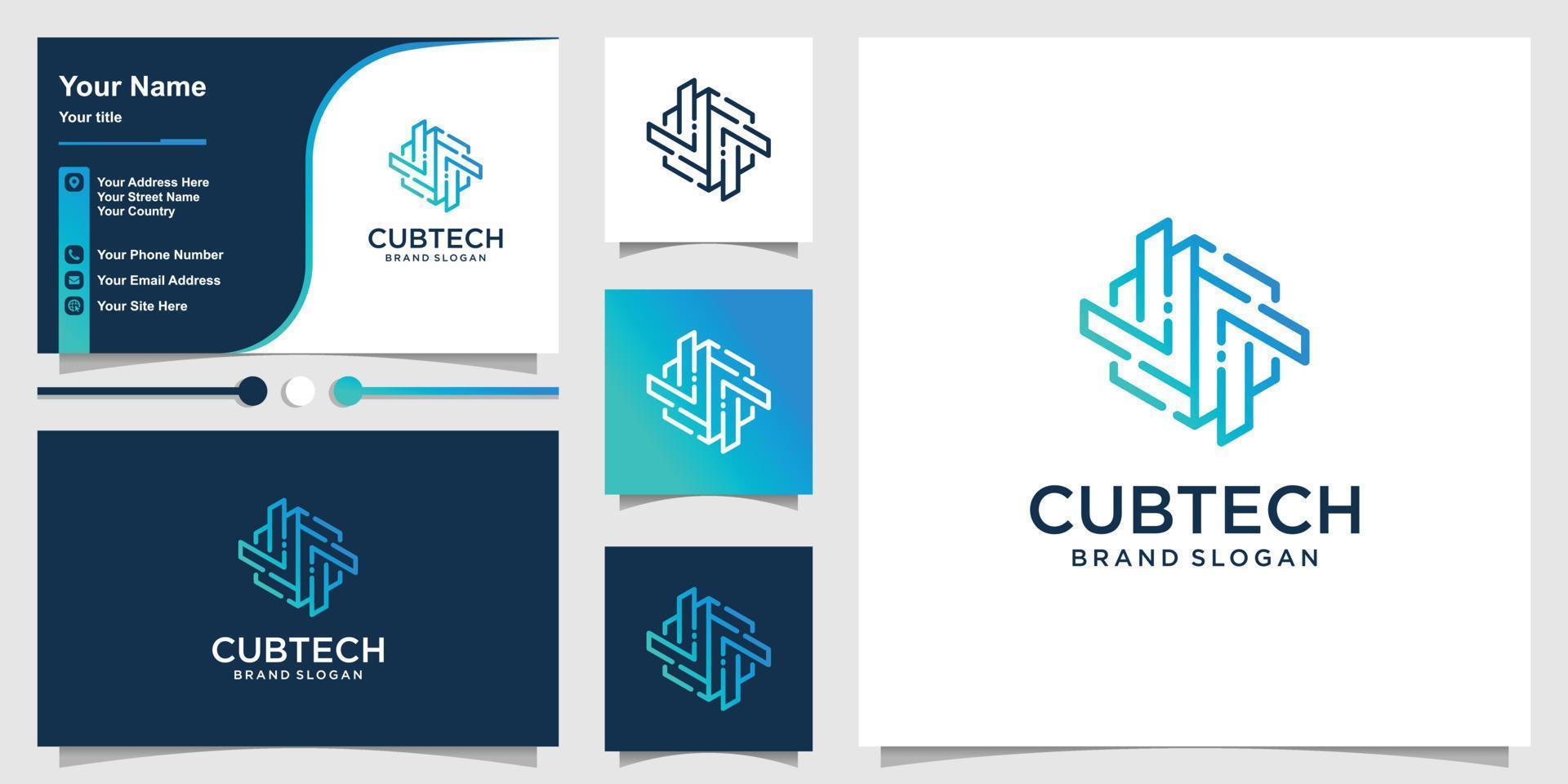 plantilla de logotipo de cubo con vector premium de concepto de tecnología de arte de línea