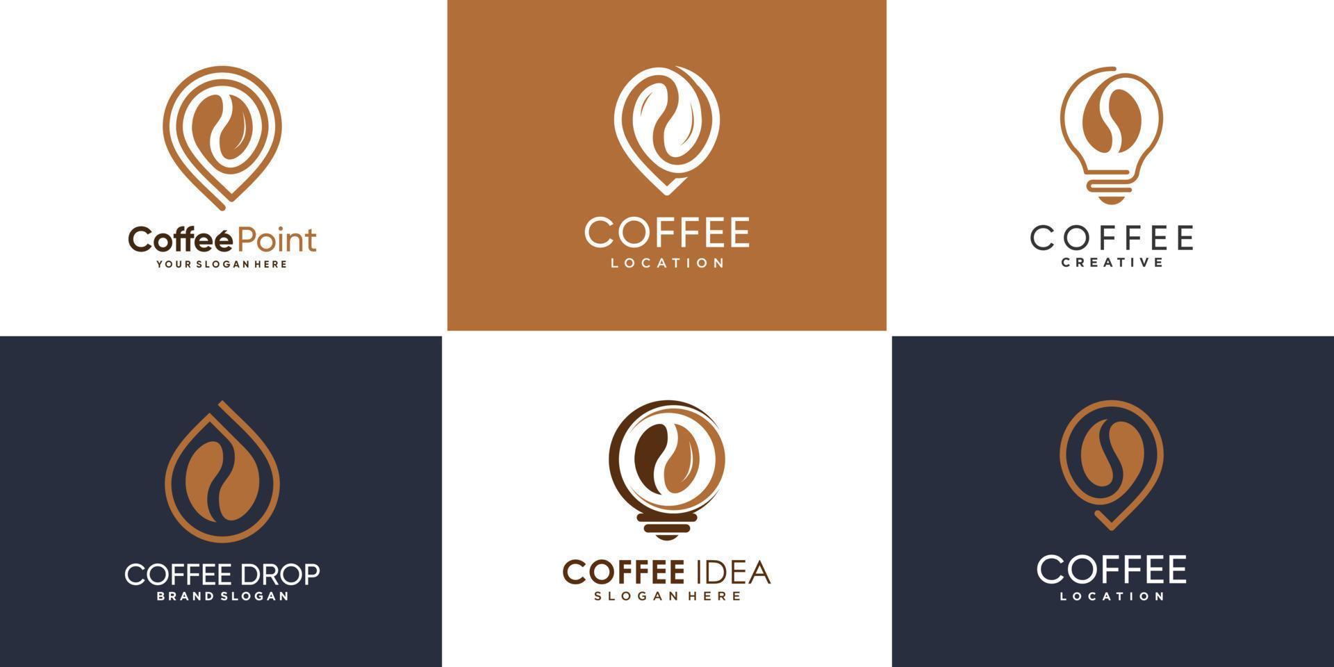 conjunto de colección de logotipos de café con diferentes elementos, pin, gota, vector premium de estilo idea